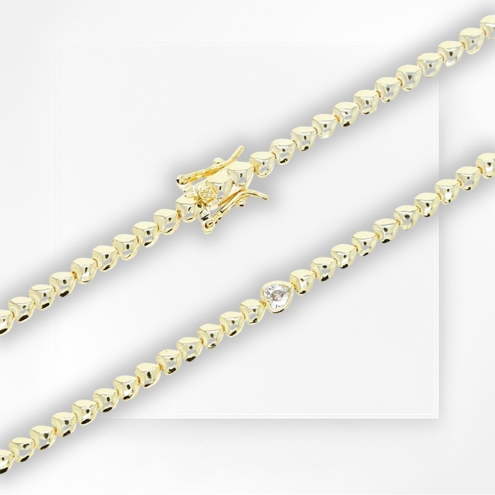 NEW Gold-Plated Heart Shaped Tennis Bracelet w/ Single CZ Heart - 19cm Long - Picture 12 of 16